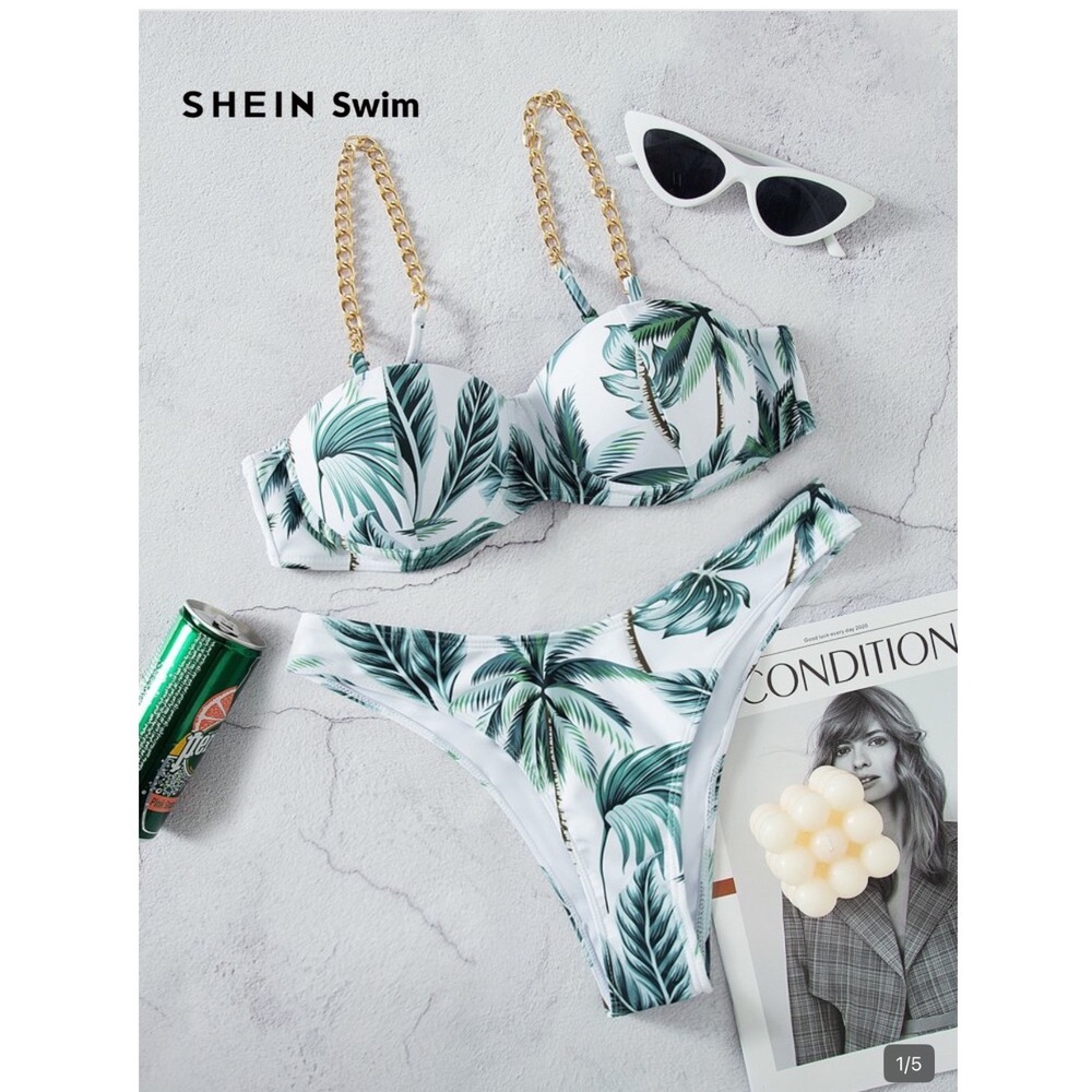 SHEIN Swim Bikini Set Women XL White Tropical Push Up New Chain Strap Summer
